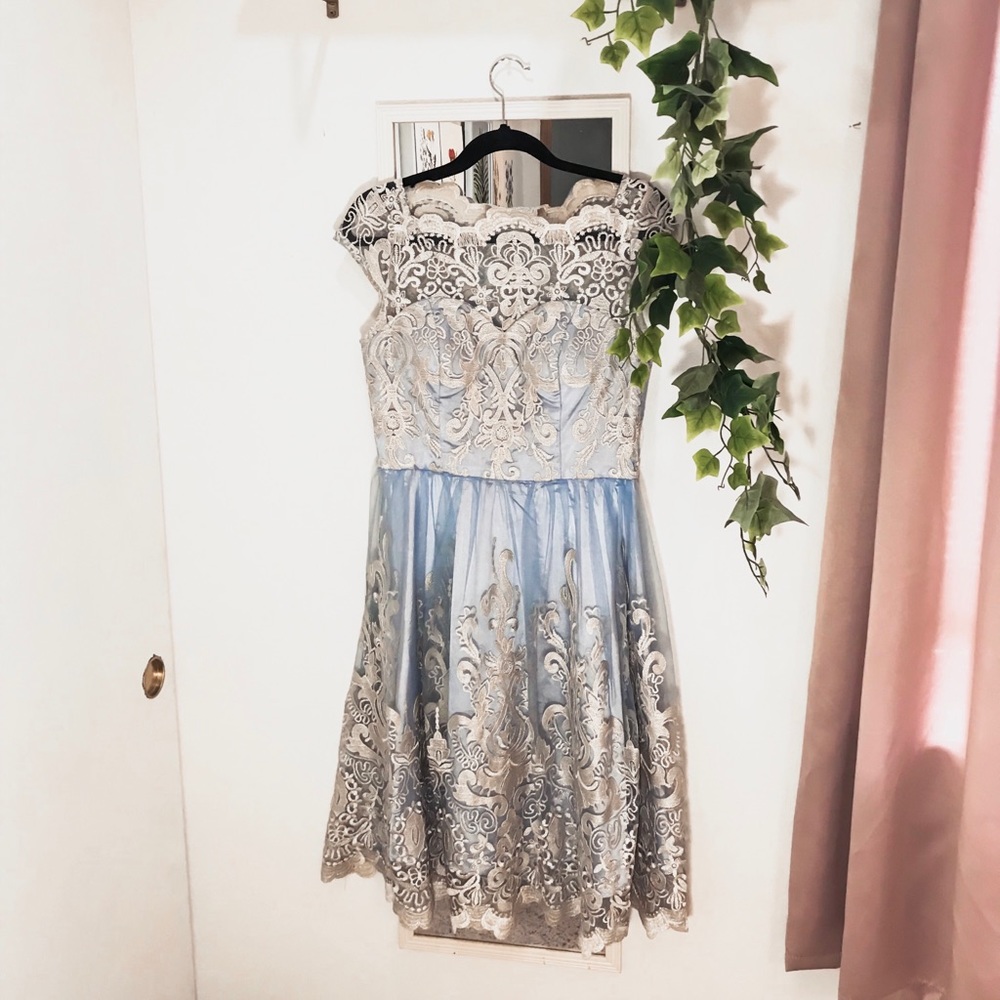 Vintage inspired cream and baby blue Chi Chi London dress.
